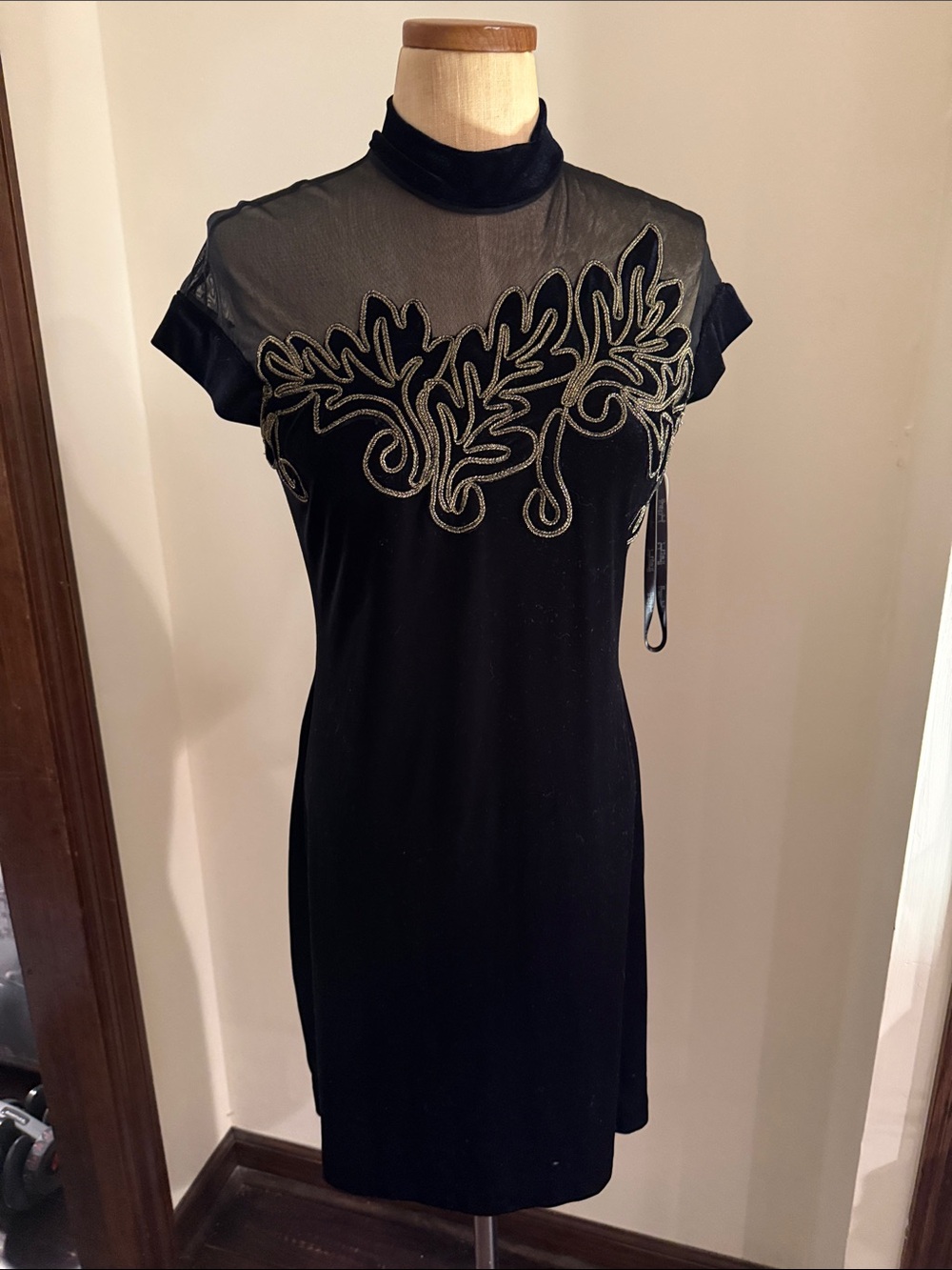 Black Velvet Sheath Dress with Embroidered Mesh Yoke